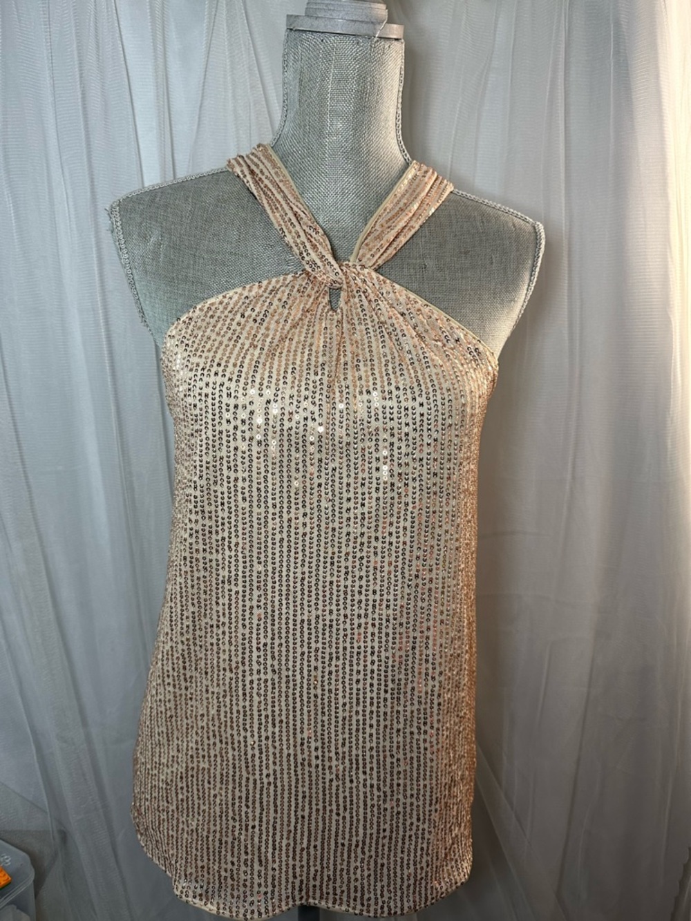 Grace Karin One-Shoulder Sequin Halter Top - Champagne Gold